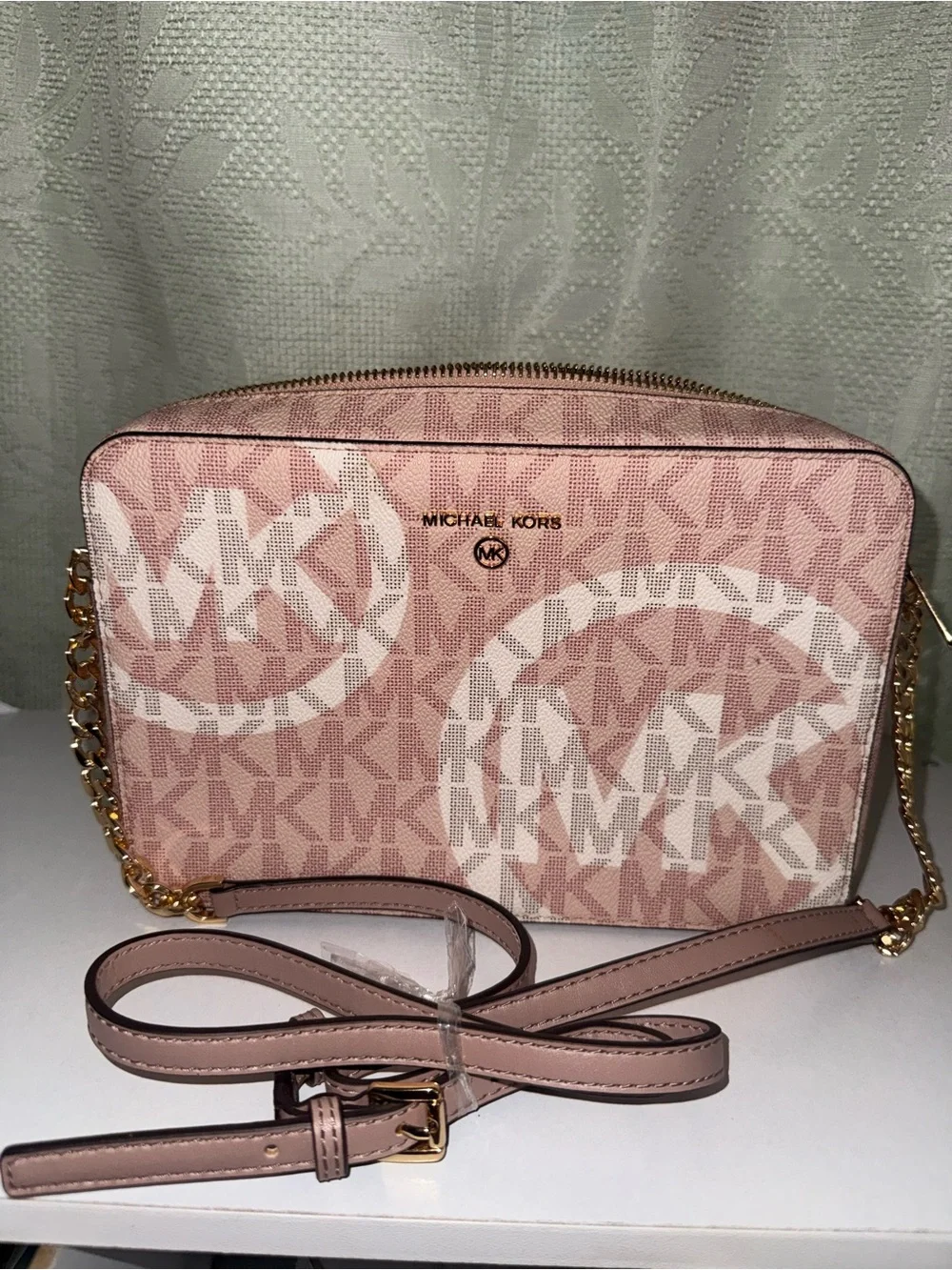 Michael Kors Pink Logo-Print Crossbody Bag with Gold Hardware